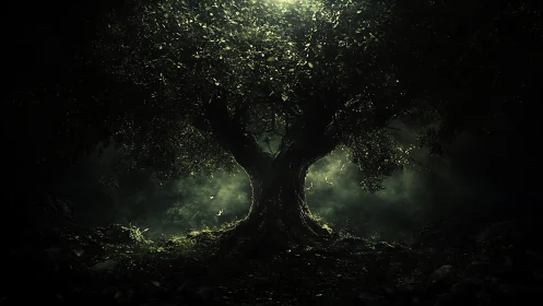 Moonlit roots drink fog while the forest quietly listens