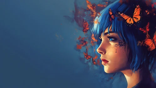 Blue-haired girl gazes ahead as orange butterflies swirl.
