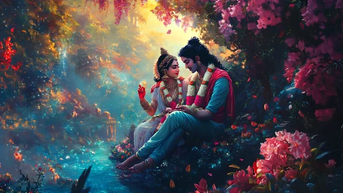 Divine Romance in Luminous Garden with Mythological Figures.