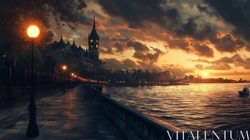 Golden riverside promenade glows softly in the fading sunset