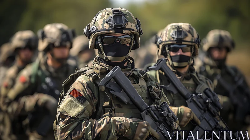 Photorealistic military squad in tactical formation, shallow depth of field.