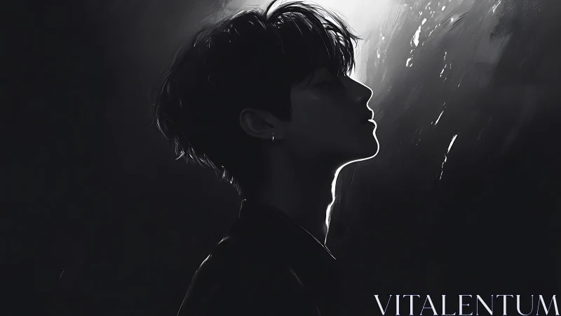 Side profile of young man in monochrome lighting.