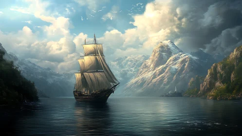 Tall ship steals toward glacier peaks under storm-bright skies