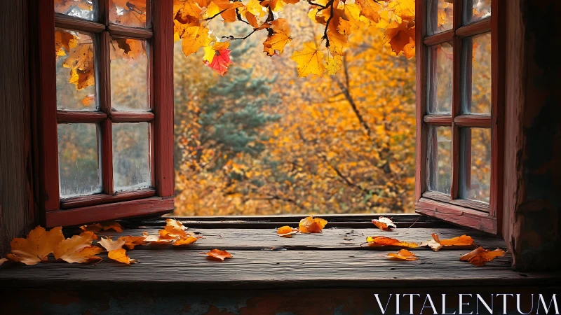 Weathered wooden window frame opening onto dense autumn foliage