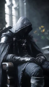 Hooded dark figure resting on ornate wooden chair indoors.