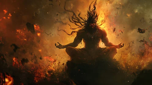 Fiery humanoid figure meditates amid swirling burning debris
