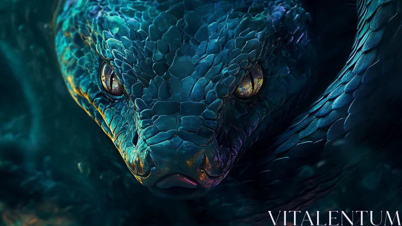 Iridescent serpent eyes lock under deep teal shadows.