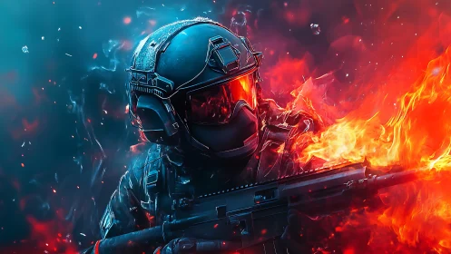 Armored cyber soldier emerging through blue and firestorm haze.