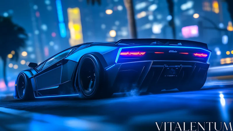 Sleek blue supercar glowing under dreamy neon city lights.