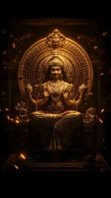 Photorealistic gilded deity sculpture with dramatic rim lighting.