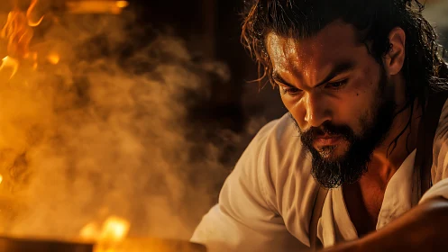 Bearded cook at stove amid rising steam and warm light.