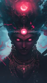 Crimson crowned oracle radiating storm-bright telepathic fire.