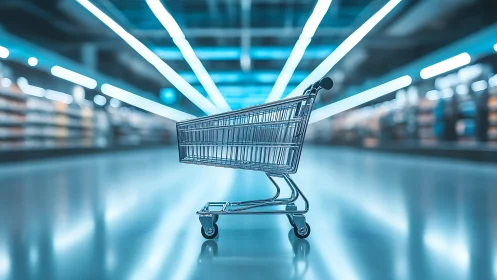 Lone chrome shopping cart cruising a neon-bright market floor.