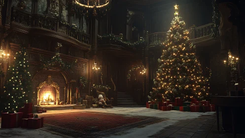 Grand hall Christmas tree with fireplace and presents.