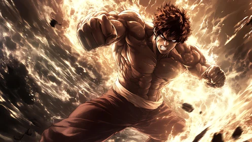 Explosive anime fighter mid-air punch with radial energy burst