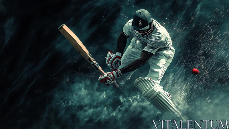 Cricket batsman driving ball through dramatic smoky backdrop.