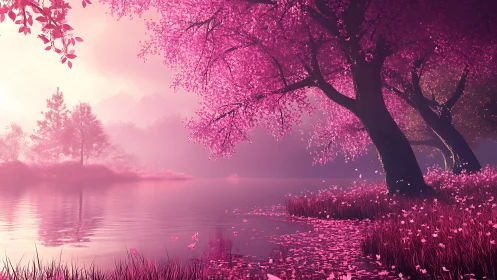 Pink lakeside cherry trees under soft sunset light.