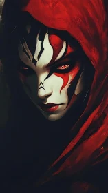Scarlet-hooded sorceress with tribal mask and burning gaze.