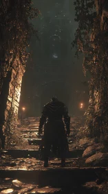 Lone armored wanderer ascending toward a ruined cathedral.