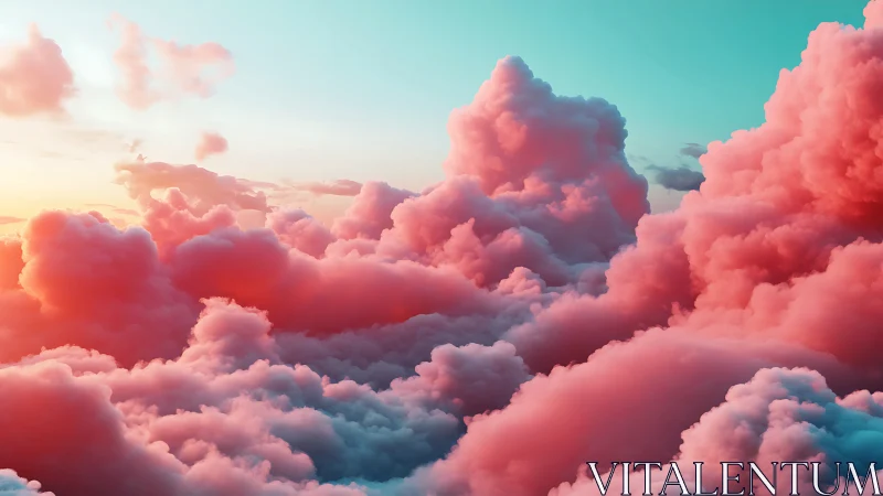Volumetric pink cumulus clouds under cyan atmospheric gradient