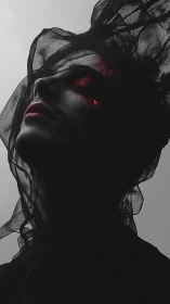 Shrouded human profile is partially obscured by black mesh