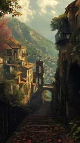 Sunlit mountain alleyway descending into misty memories.