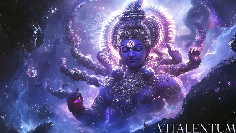 Cosmic multi-armed deity radiates violet astral energy