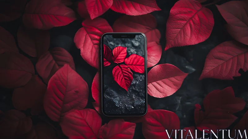 Smartphone rests amid deep red leaves in moody contrast
