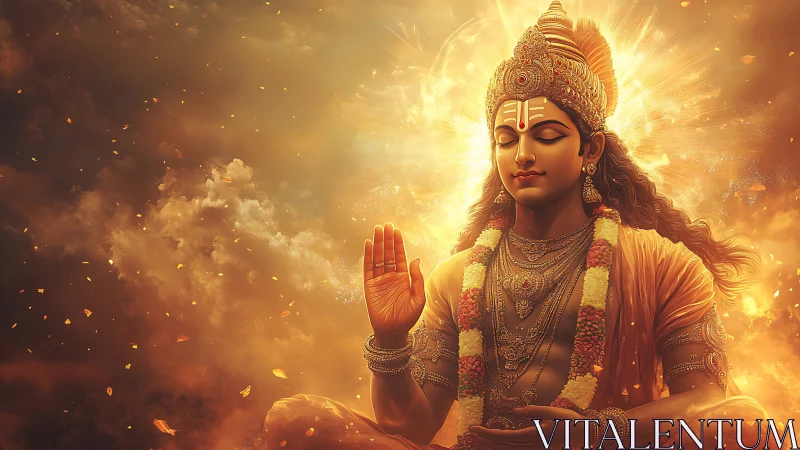 Golden divine figure radiating peace in a glowing sky.