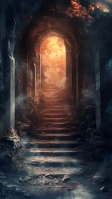 Stone stairway ascends through ruined arch toward firelit exit