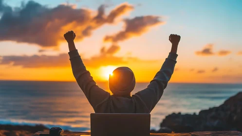 Backlit remote worker celebrates success at vivid ocean sunset
