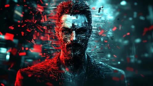 Glitchborn shadow in neon code storms of red and cyan shards.