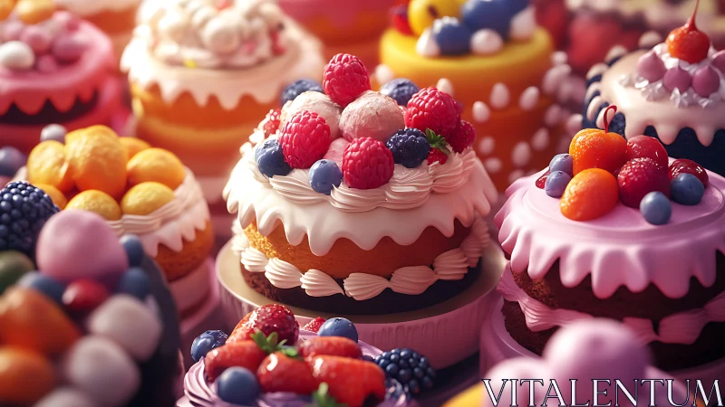 Decorated cakes with berries, cream layers, pink frosting.