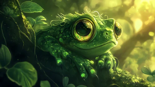 Emerald forest froglet gazes wide-eyed through glowing leaves.