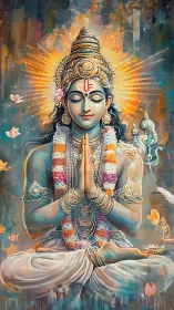 Aurora-blue deity in lotus calm, crowned with sunrise halos.