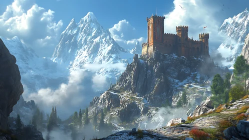 Fortified alpine citadel on stratified snowbound escarpment.