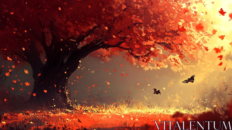 Crimson maple canopy over sunlit meadow with drifting leaves.