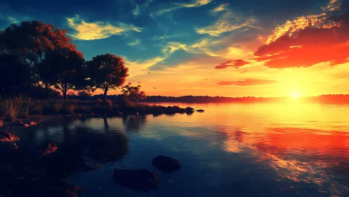 Sunset over still lake with silhouetted shoreline trees.