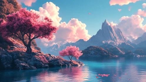 Dreamy pink lakeside trees under soft mountain skies.