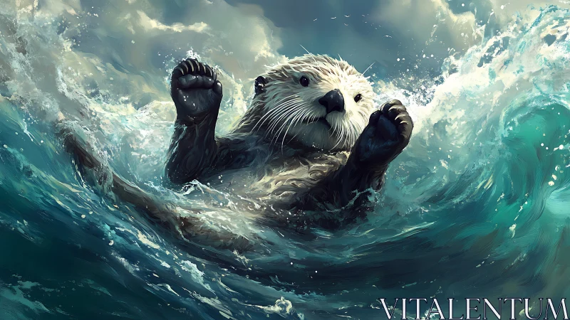 Sea otter in dynamic ocean waves under cloudy sky.