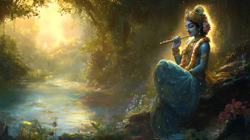 Digital painting of serene deity by luminous forest riverbank.
