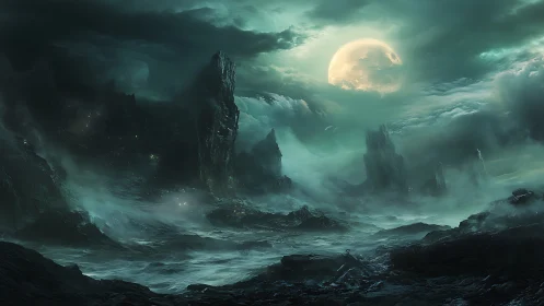 Nocturnal alien seascape under oversized moon with jagged basalt spires