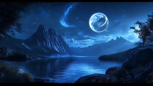 Luminous blue moon above tranquil mountain lake at night.