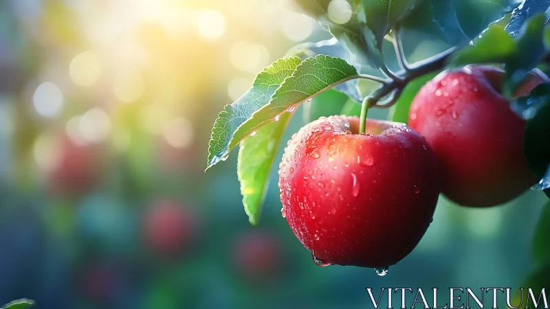 Red apples with water droplets on branch in soft daylight.