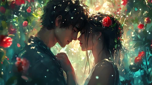Illuminated Romantic Couple Amidst Luminescent Rose Garden Bokeh
