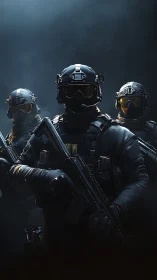 Elite tactical squad stands ready in dramatic low light