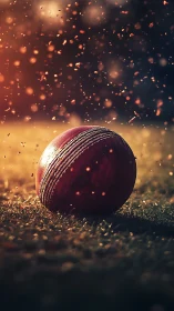 Cricket ball rests on glowing turf amid golden dust motes.