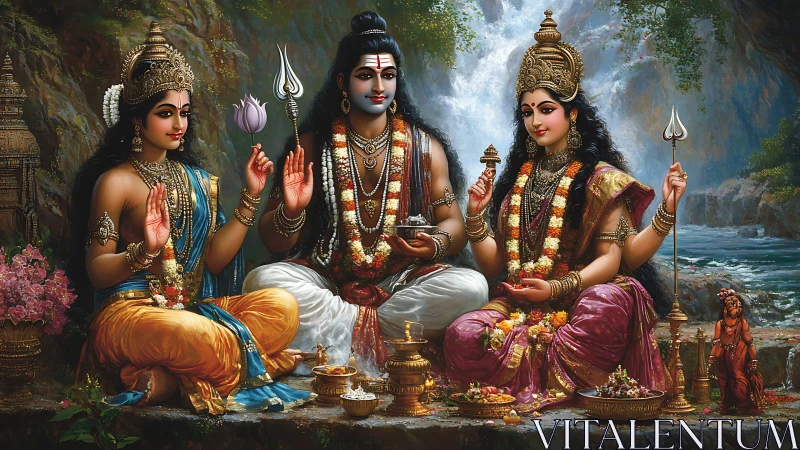 Sacred family sits in serene harmony by a gentle waterfall
