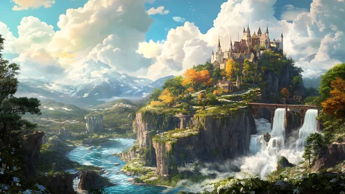 Sunlit cliffside castle watches over a serene fantasy valley