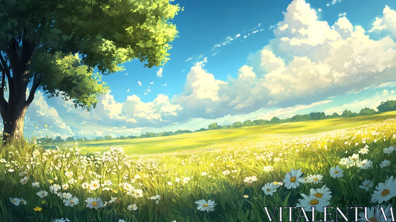 Sunlit wildflower meadow under sweeping summer clouds.